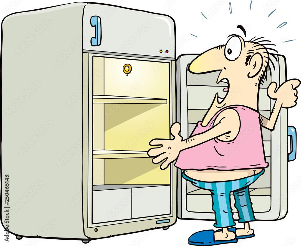 tired person looking into an empty fridge, cartoon style, with thought bubble of takeout menus