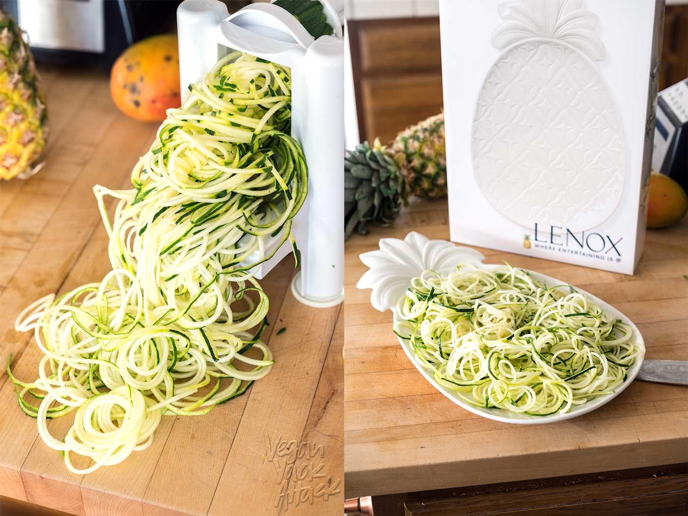 close-up shot of pineapple zoodles being prepared in a kitchen