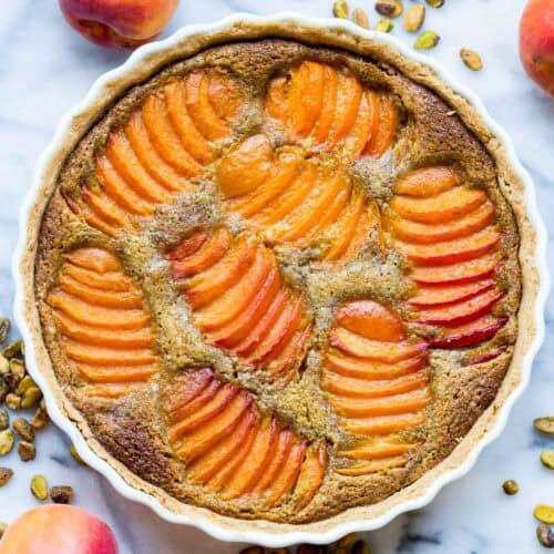 whole apricot pistachio tart fresh out of the oven