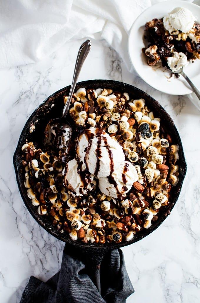 overhead shot of rocky road brownies with marshmallows and nuts