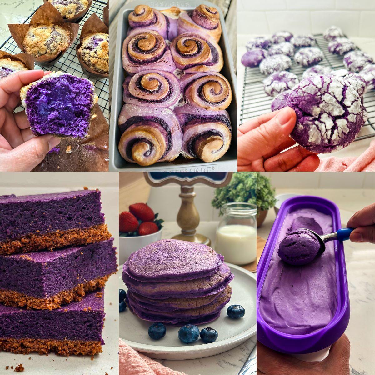various ube desserts on a table
