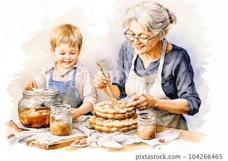 a grandmother baking a pie with her grandchild