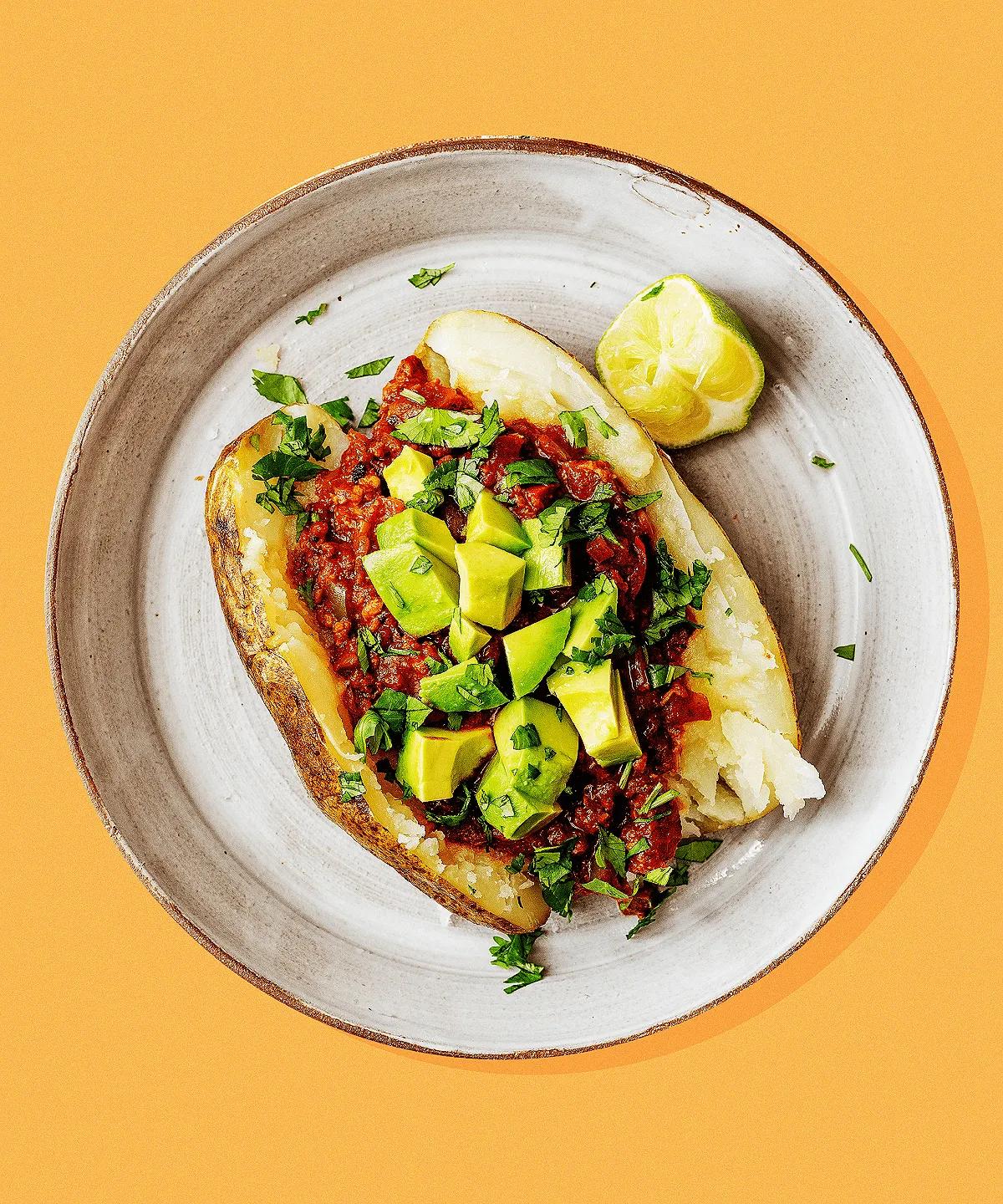 step by step image of preparing vegan chili baked potato