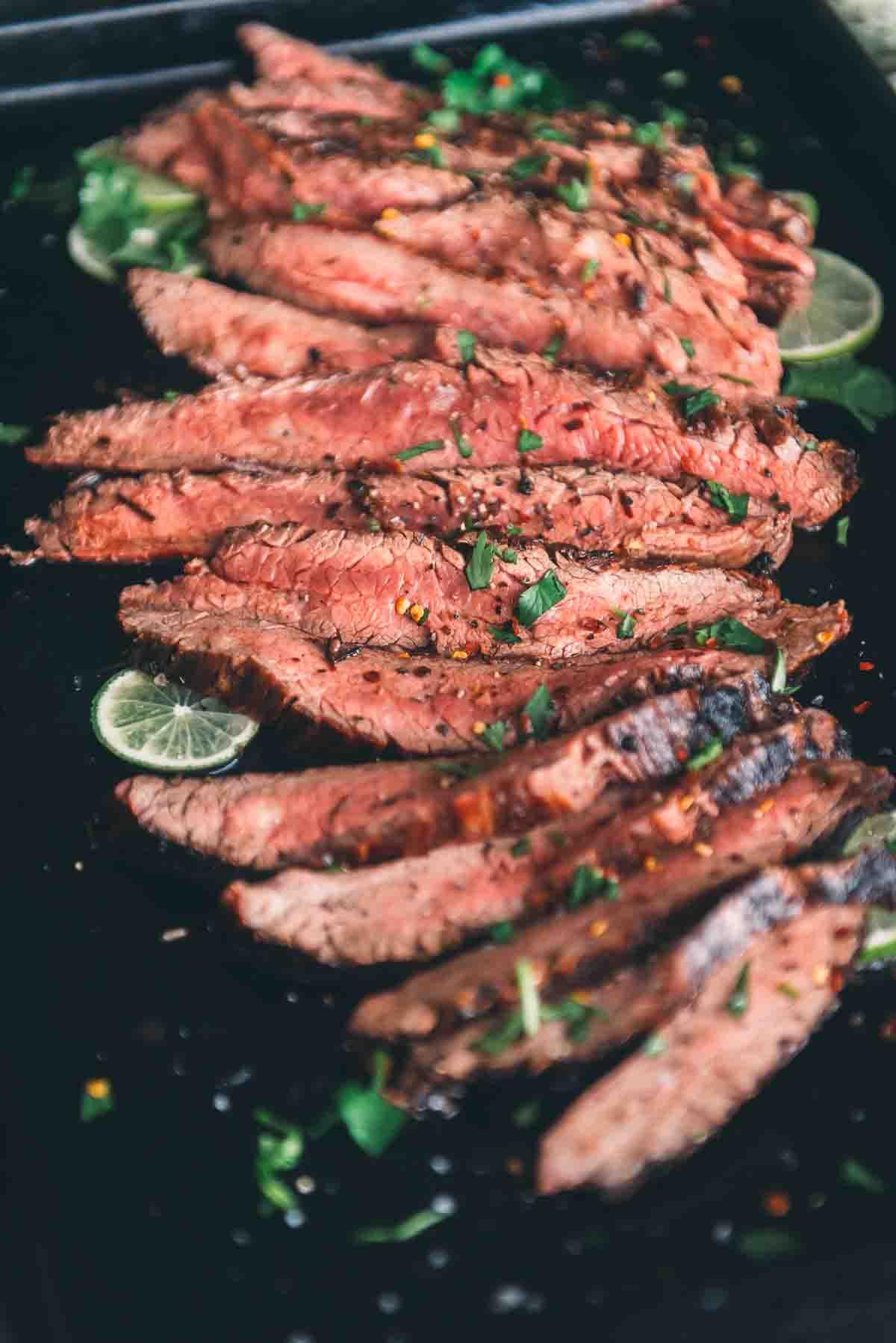 close-up of grilled flank steak slices