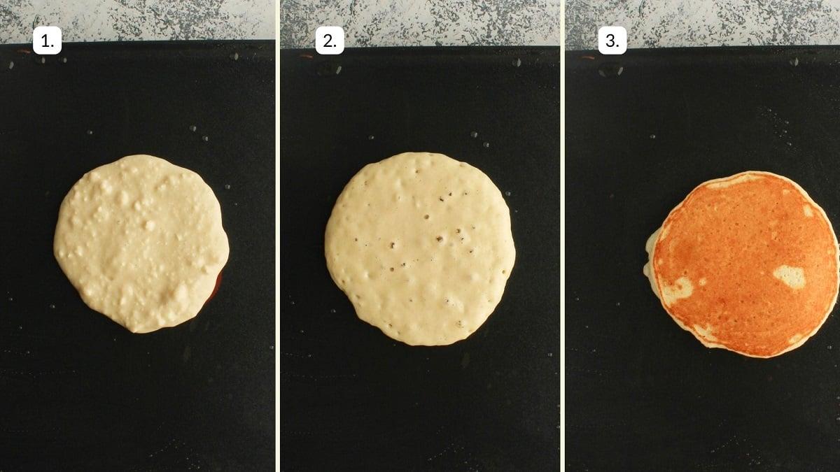 overhead shot of gluten-free sugar cookie pancake batter being poured onto a griddle