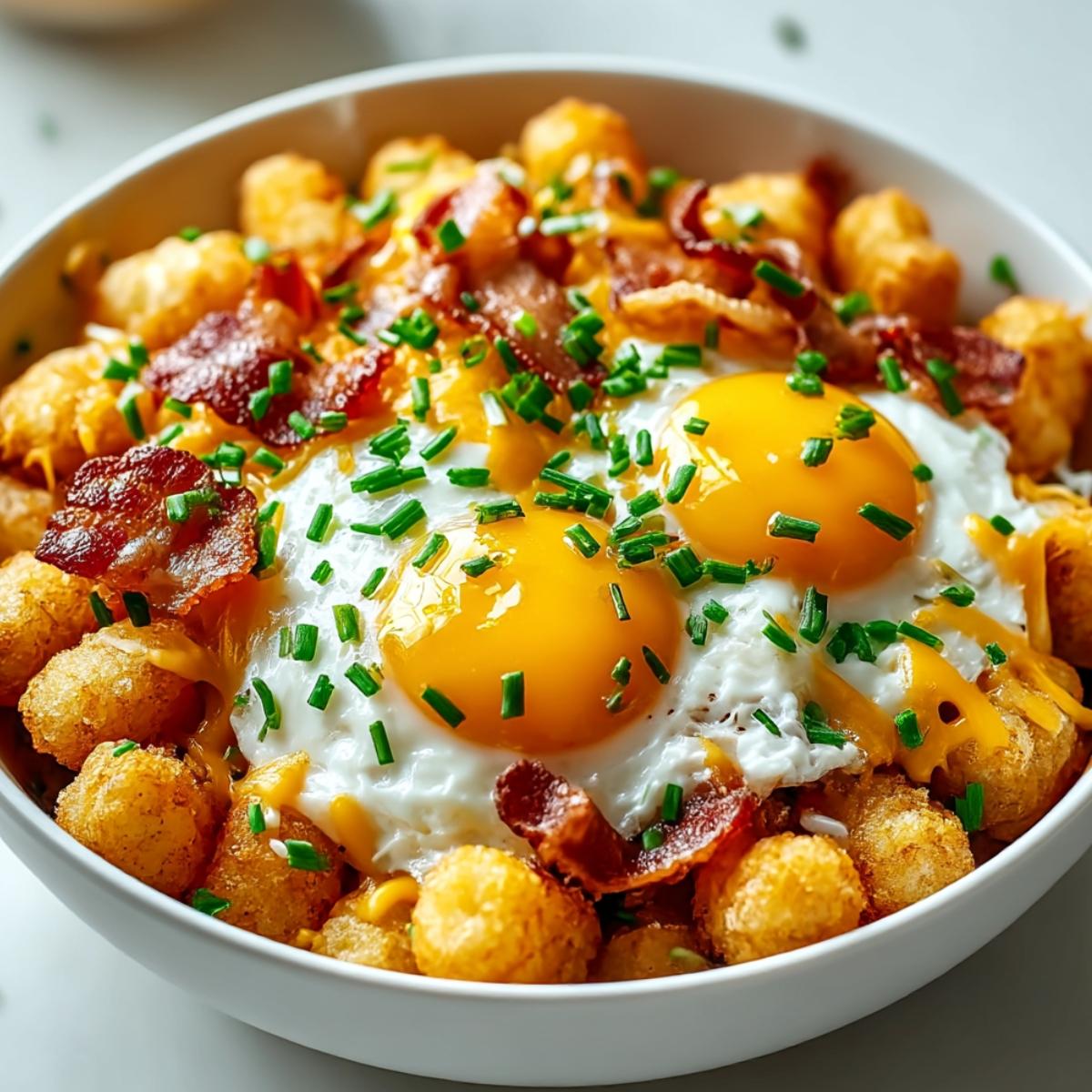 vibrant, close-up shot of a crispy tater tot breakfast bowl, perfectly golden tater tots, melted cheese, fluffy scrambled eggs, and crumbled bacon, garnished with chives, in a rustic ceramic bowl on a wooden table, natural light