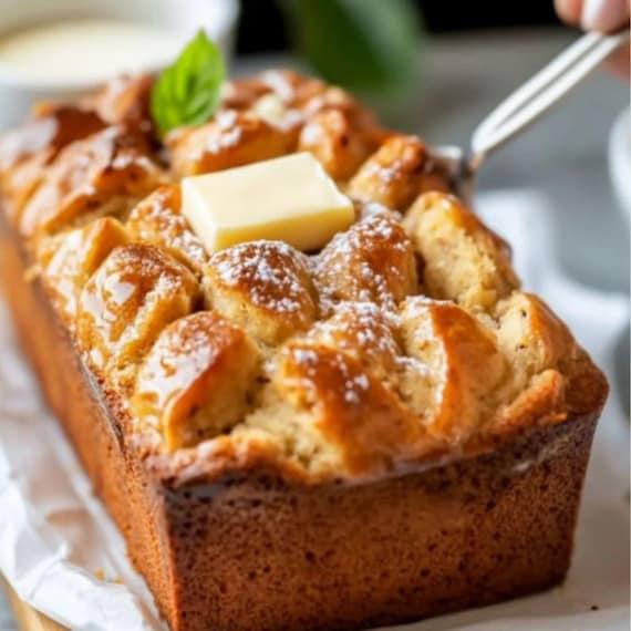 Warm slice of banana spice sugar bread with a golden crust, steam rising, cozy kitchen setting, natural light