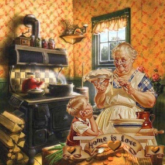 Vintage photo of a grandmother and child baking pie in a warm, rustic kitchen, soft lighting