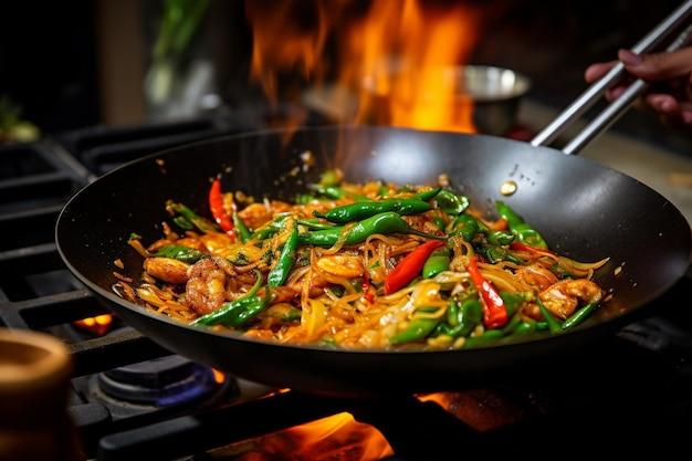 Close-up shot of colorful vegetables being stir-fried in a wok