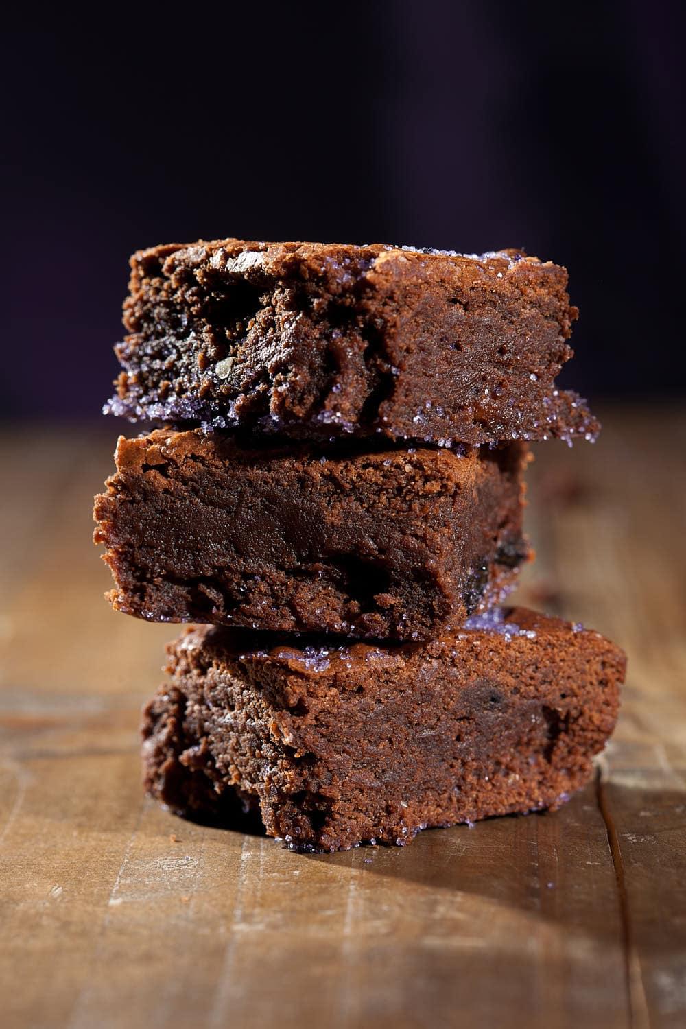 fudgy lavender honey brownies cooling on a wire rack