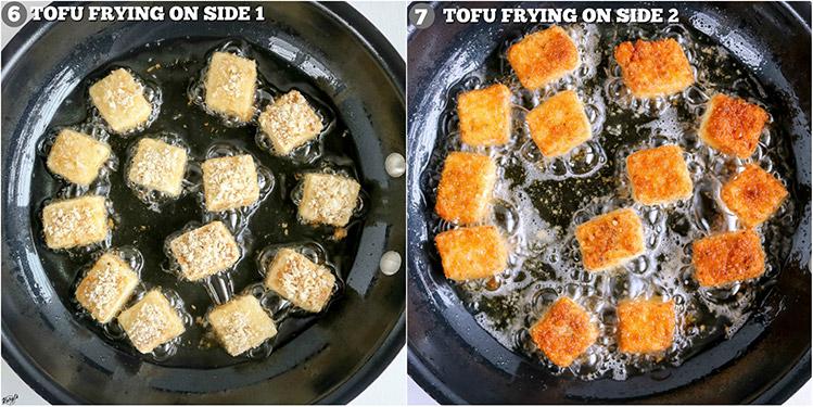 overhead shot of spicy tofu being cooked in a pan