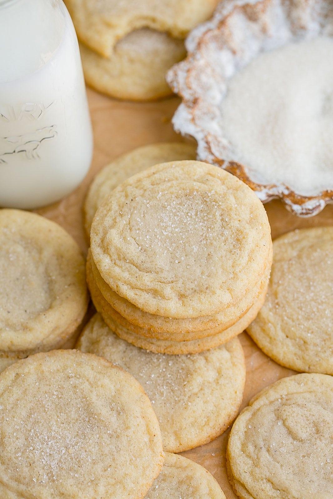 close up shot of soft, tender vanilla bean crumb cookies on a cooling rack, natural light, kitchen background