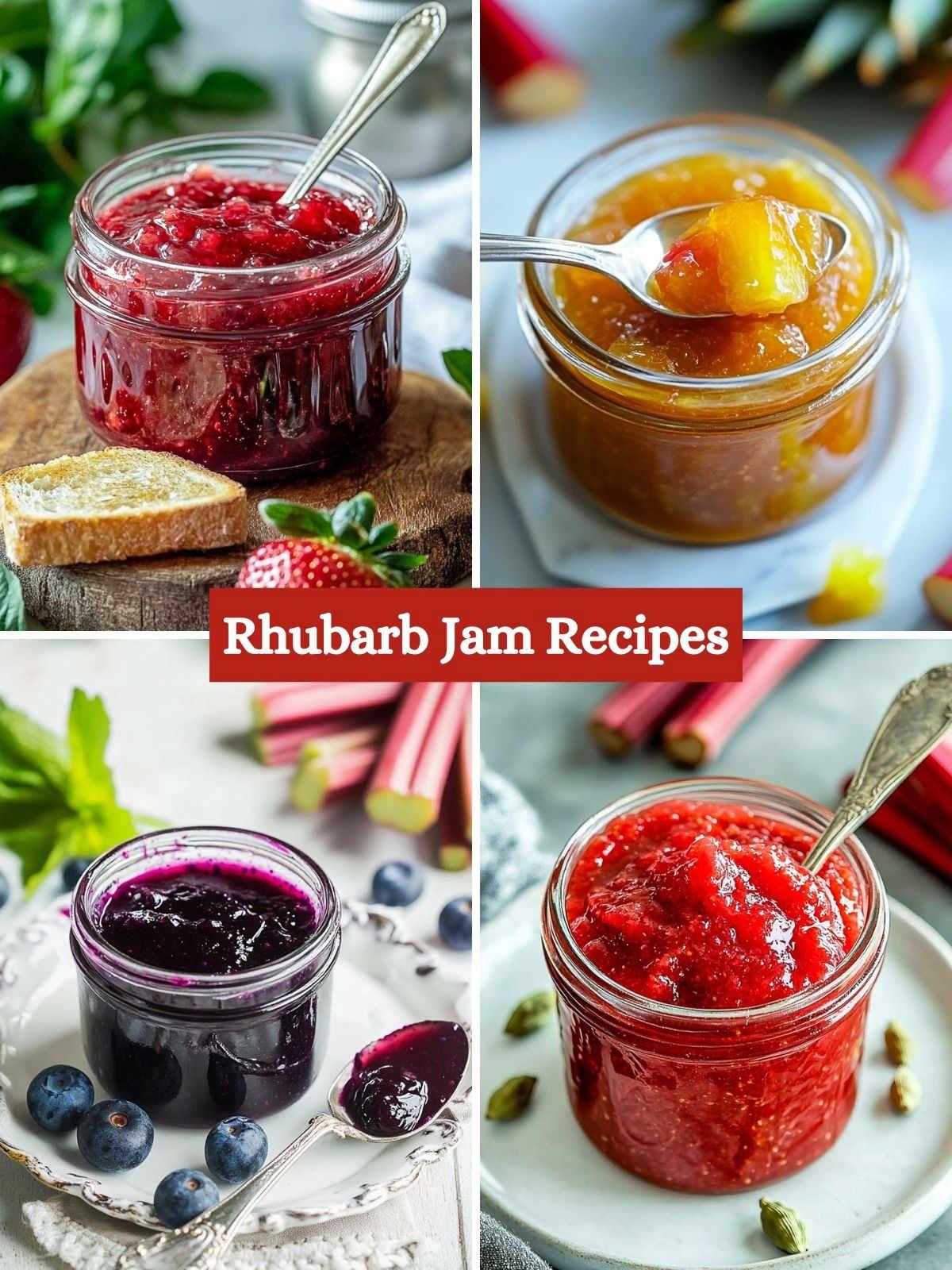 jars of cranberry rhubarb jam on a wooden table with toast and scones