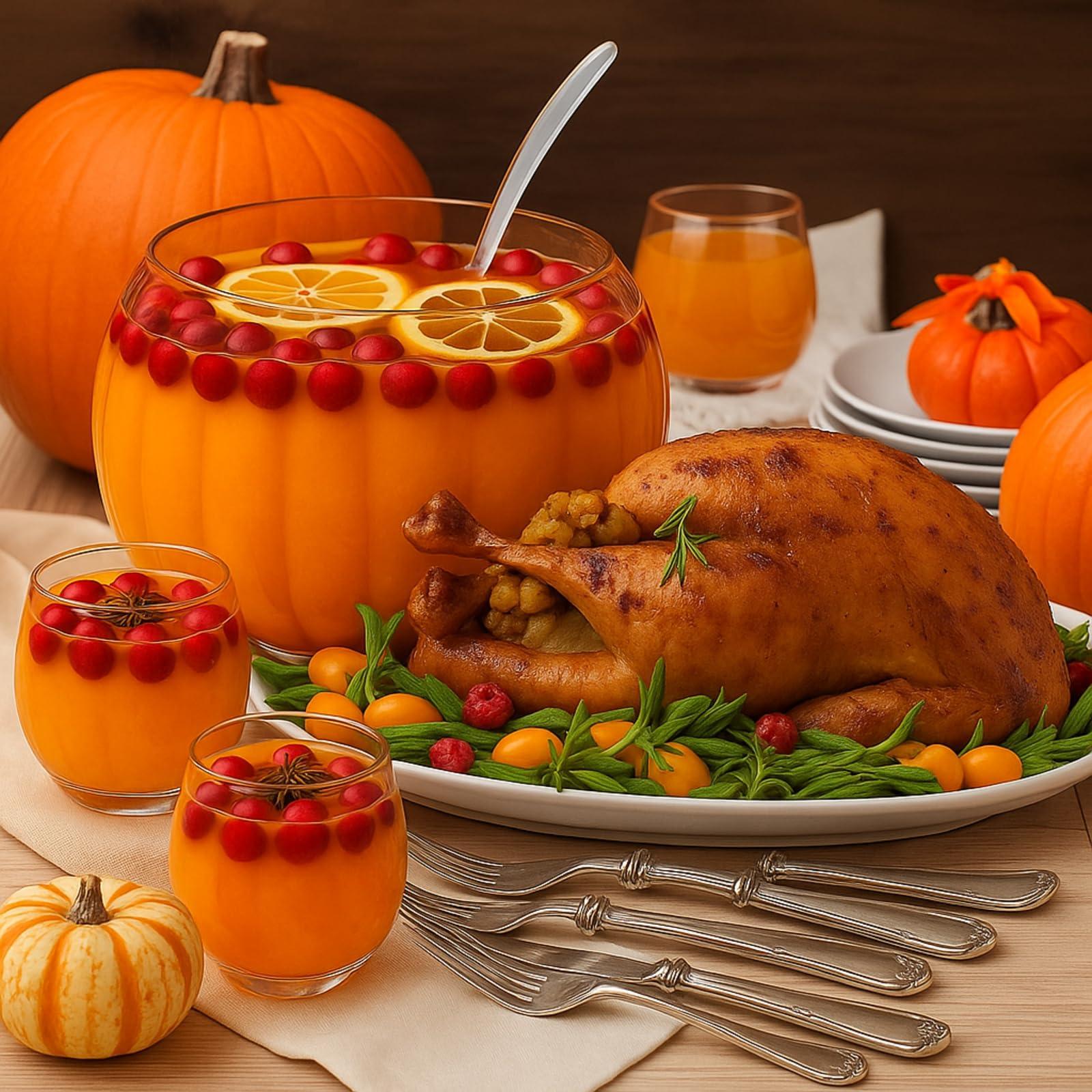 Festive Friendsgiving table with a pumpkin punch bowl and cozy fall decor