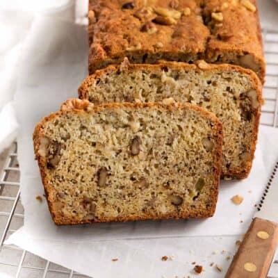 close up of sliced gluten-free banana nut bread