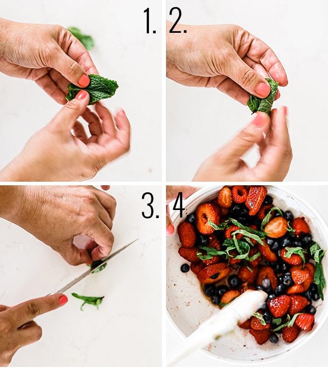 hands serving berry bruschetta on a platter
