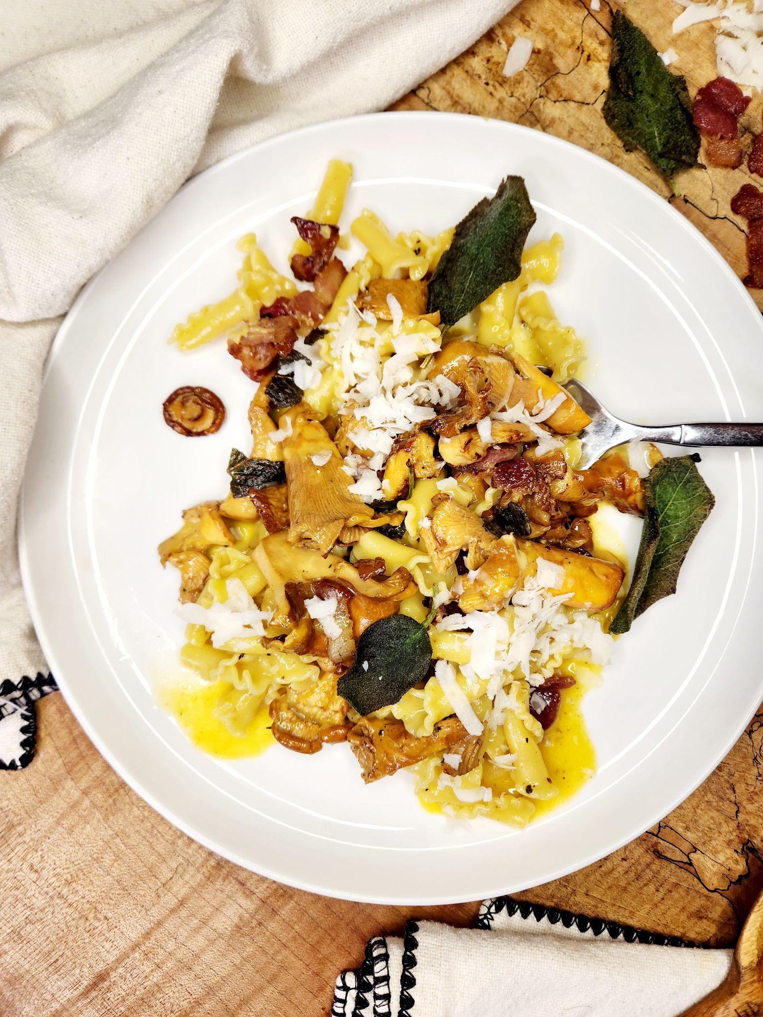 Chanterelle Carbonara plated with parmesan