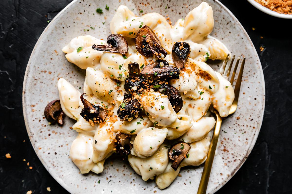 close-up of a bowl of black truffle mac and cheese