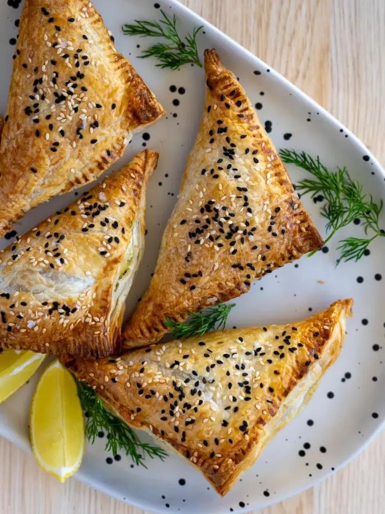 Golden brown spinach and feta pastry triangles on a serving platter, close-up, flaky layers visible