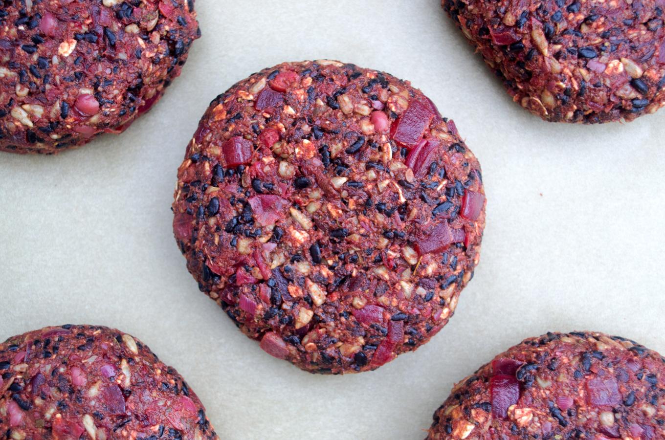 close-up of uncooked black bean burger patties