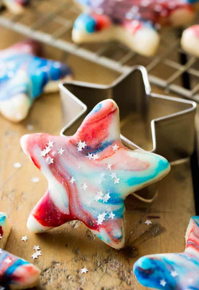 A stack of Star-Spangled Confetti Cookies tied with a ribbon, ready to be gifted