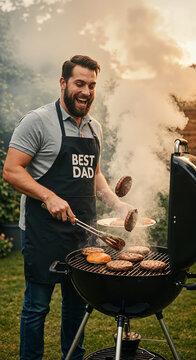 Father grilling steak outdoors