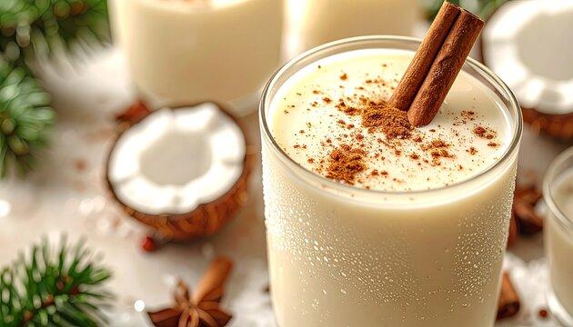 Hands holding a frosted glass of coquito with a festive background