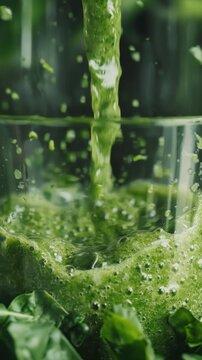 close up of a glass of green juice with condensation droplets, with sunlight streaming through it, highlighting the vibrant green color