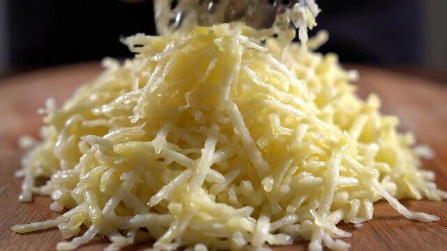 Overhead shot of parmesan cheese being grated onto a pile of other ingredients