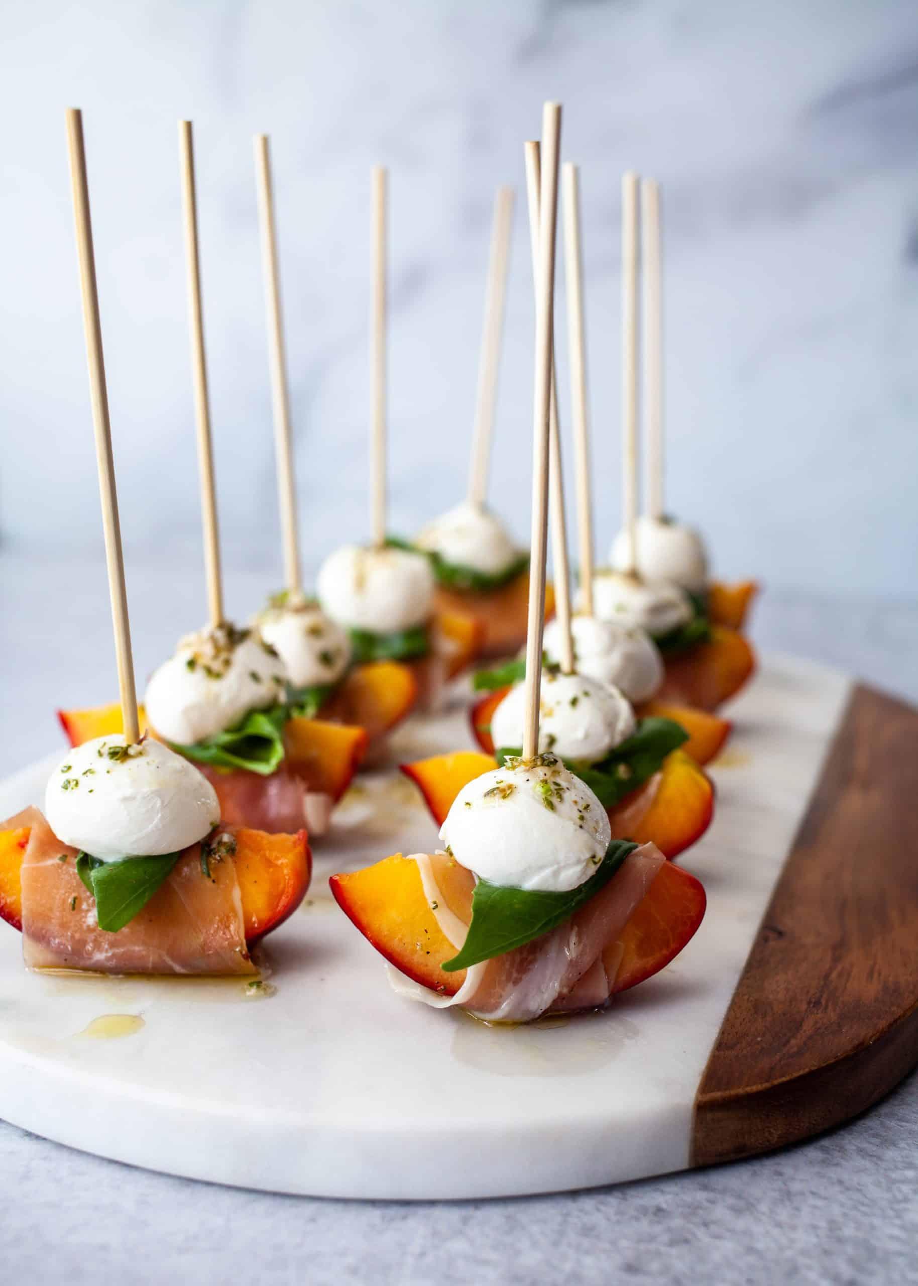 grilled peach and prosciutto skewers with balsamic drizzle