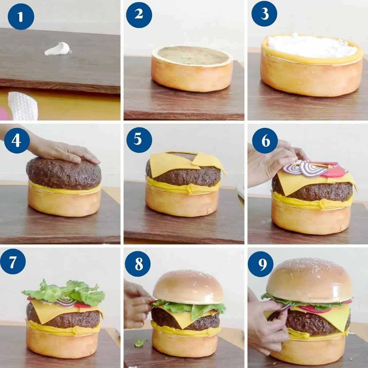 Overhead shot of all the ingredients needed to make a burger cake arranged on a kitchen counter