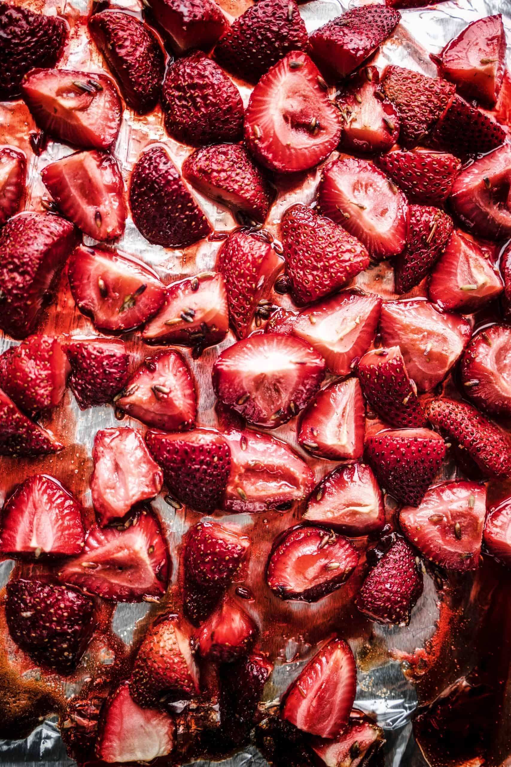 Close-up of berry bruschetta showing textures and layers