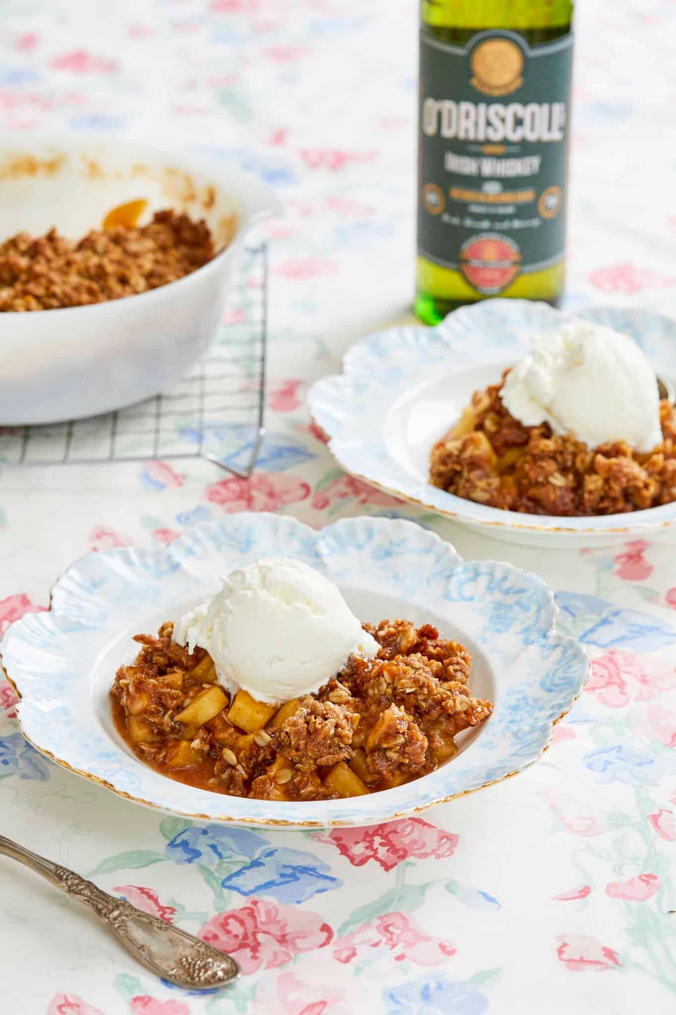ingredients for apple crisp with whiskey, apples, oats, flour, whiskey