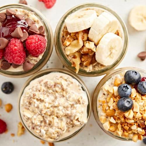 overhead shot of various toppings for overnight oats