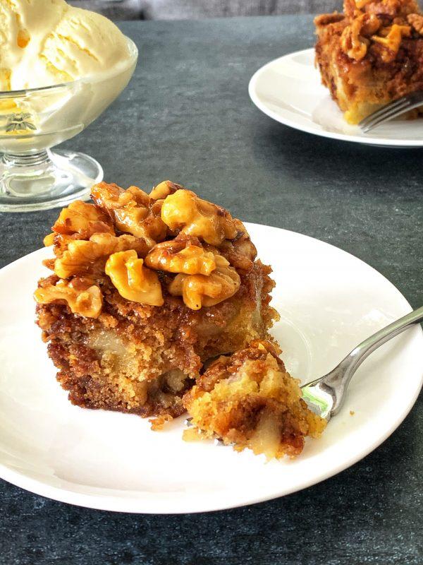 rhubarb dessert with walnuts and brandy sauce