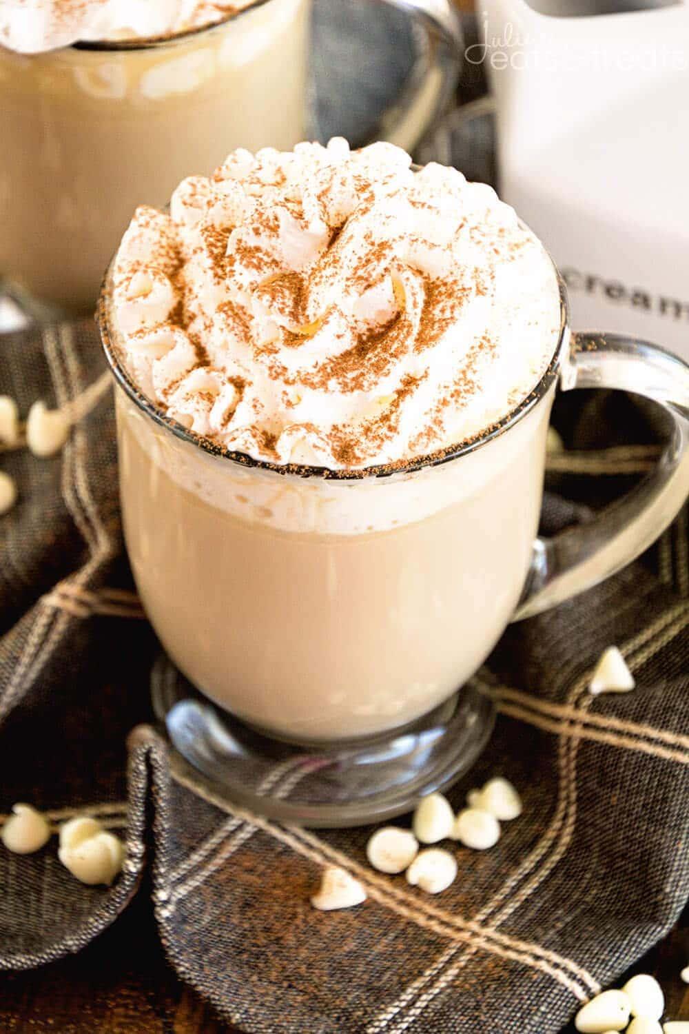 ingredients for white chocolate chai latte arranged on a counter