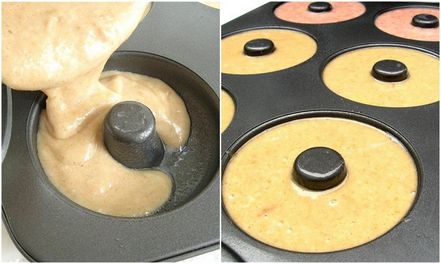 close up of batter being poured into a doughnut pan