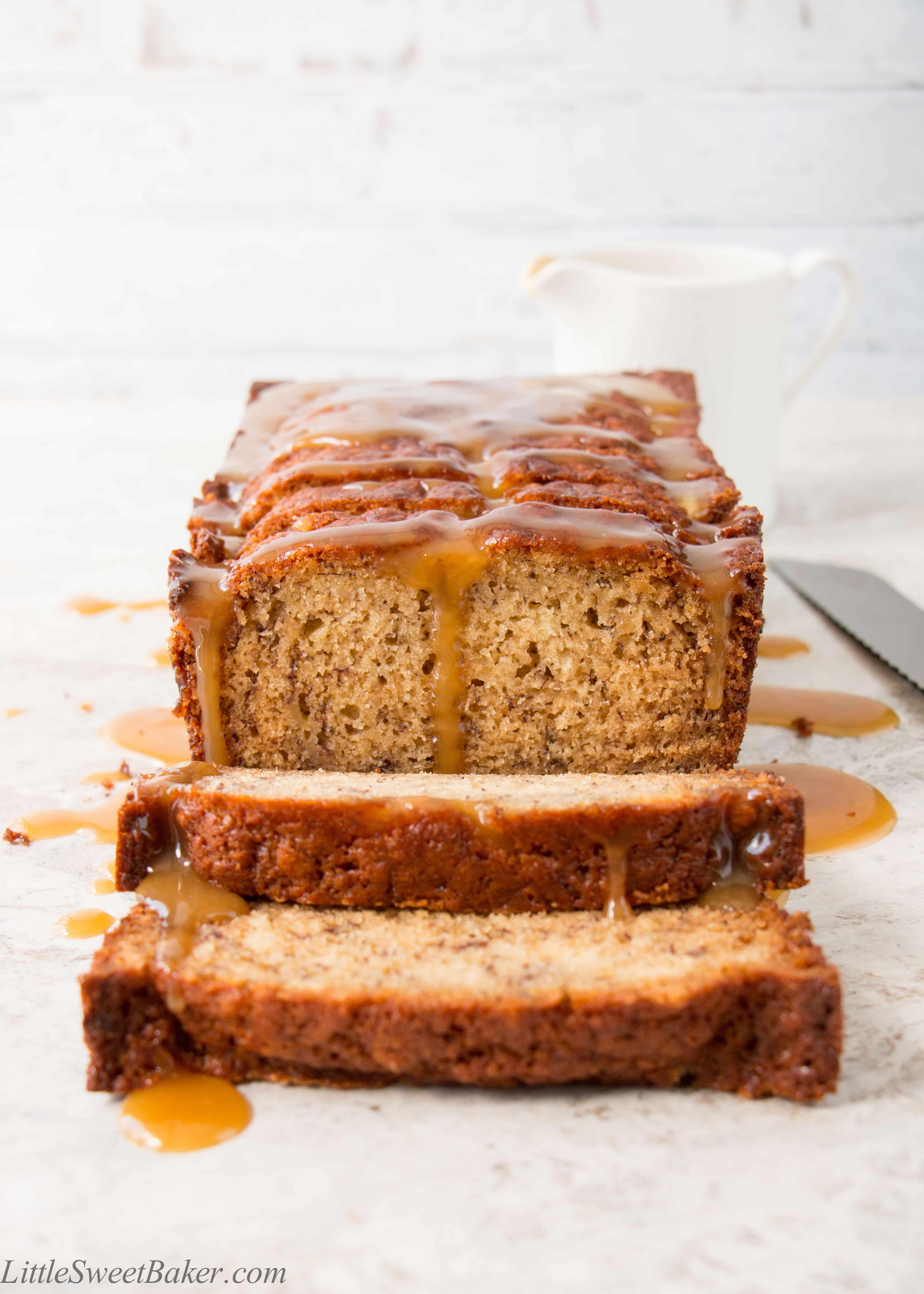 gluten-free banana bread drizzled with caramel sauce