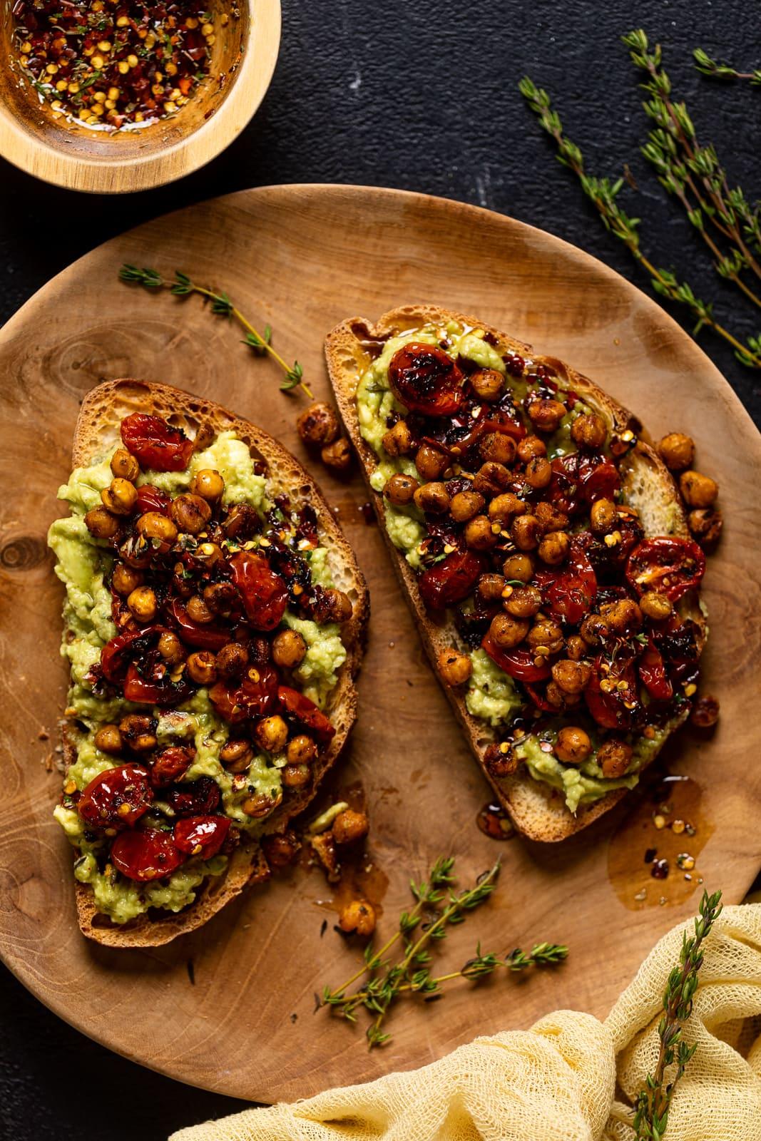Close-up shot of the layers of Chicken Quinoa and Avocado Toast