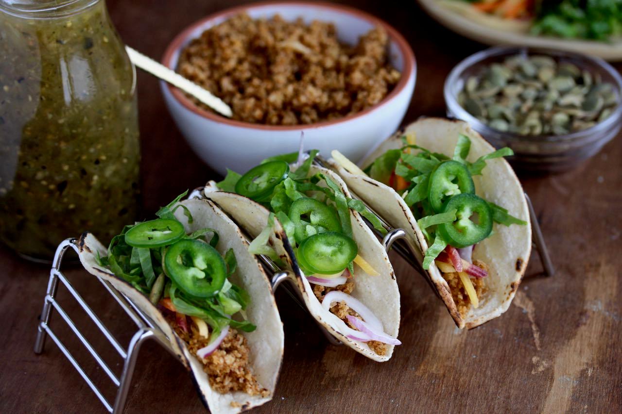 A plate of beautifully arranged Cilantro Lime Cauliflower Rice Tacos ready to be served