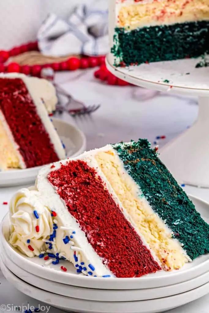 slices of red white and blue velvet cake on a plate