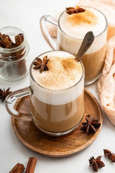 steaming flax seed chai latte in a ceramic mug
