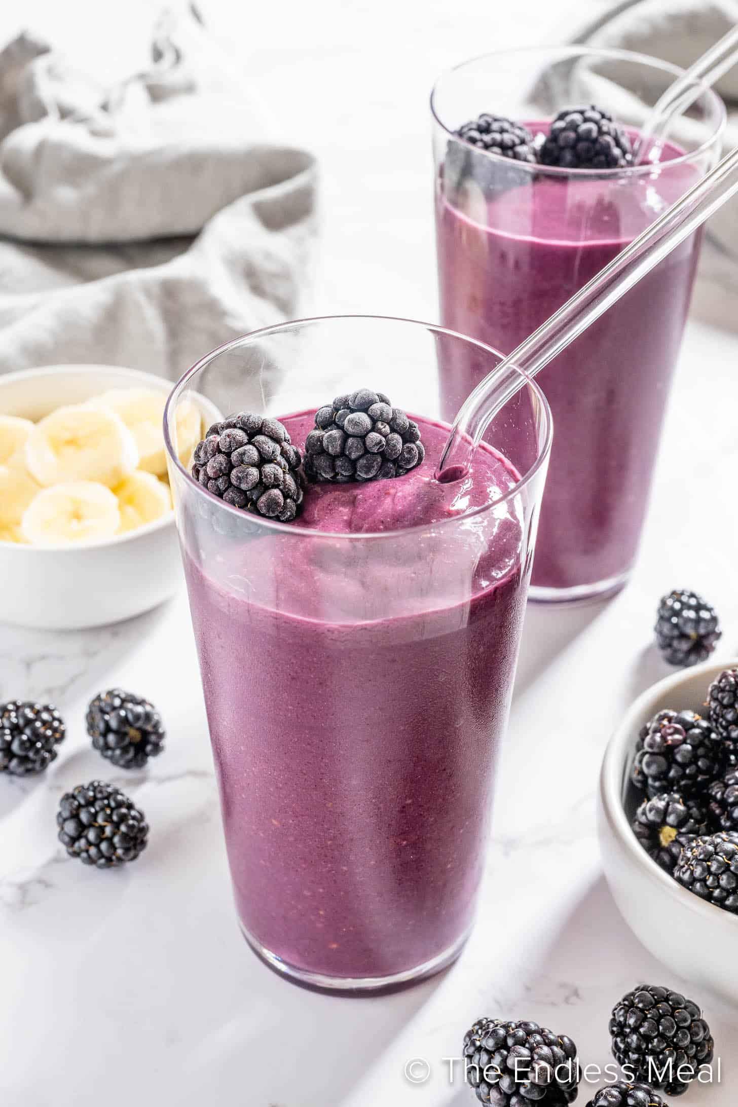 finished blackberry swirl smoothie with a spoon