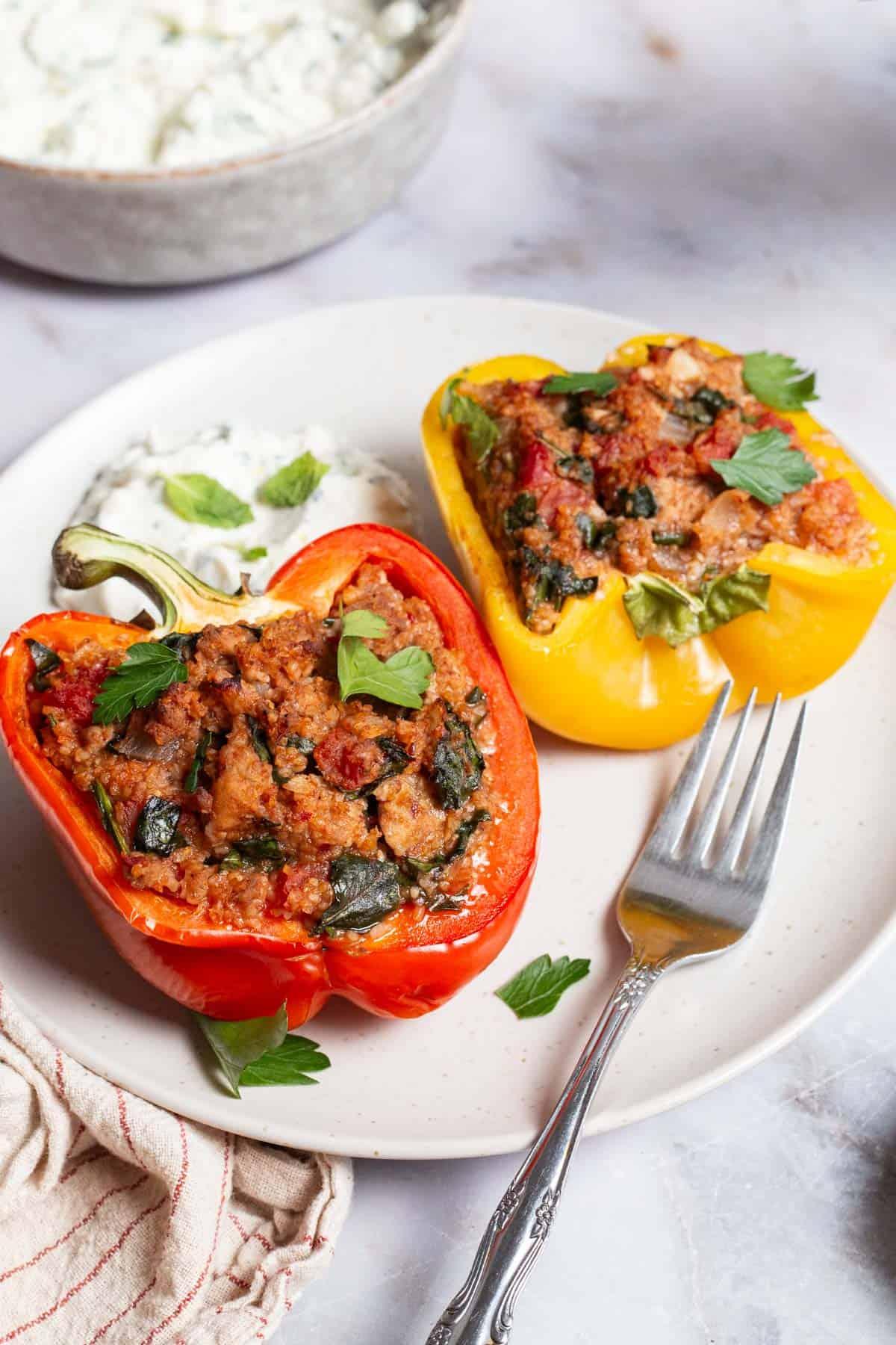 close-up shot of the finished margarita chicken stuffed bell peppers on a plate