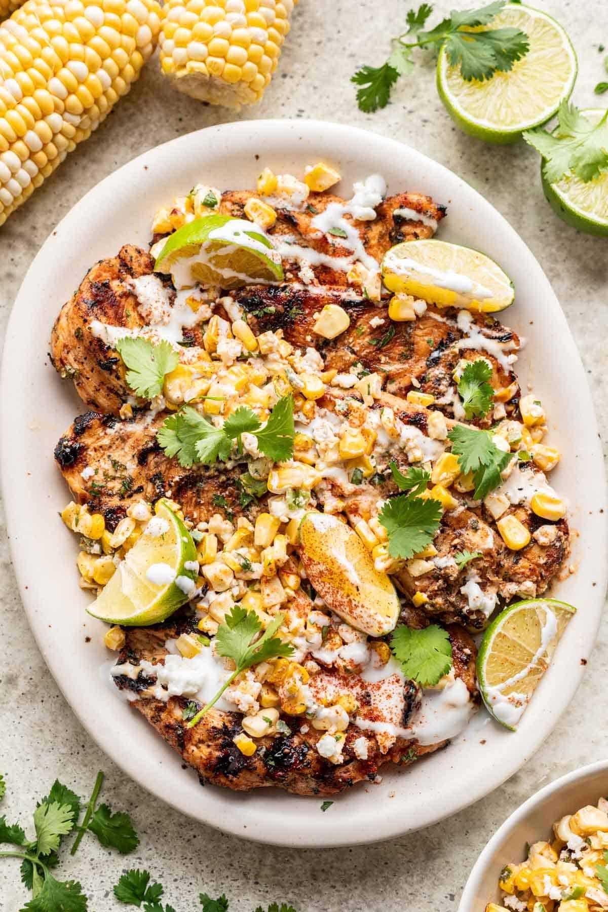 vibrant street corn chicken skillet with fresh cilantro and lime