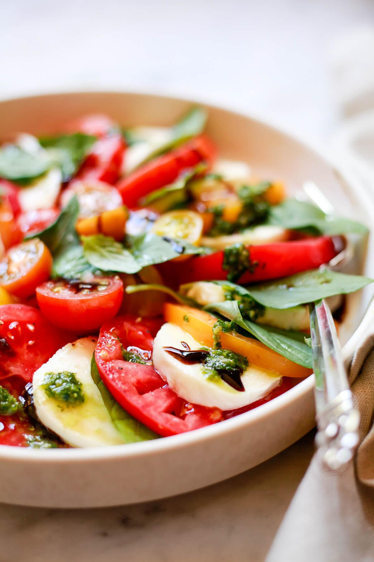 caprese salad with saffron threads close up