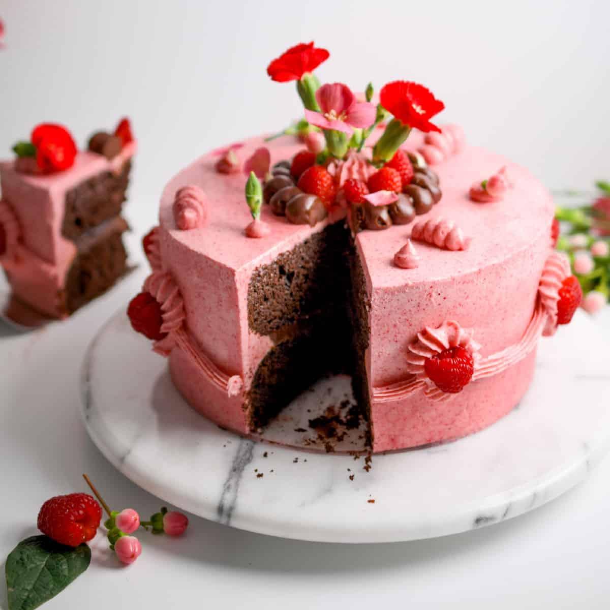 close up of the crumb structure of chocolate raspberry mini cake