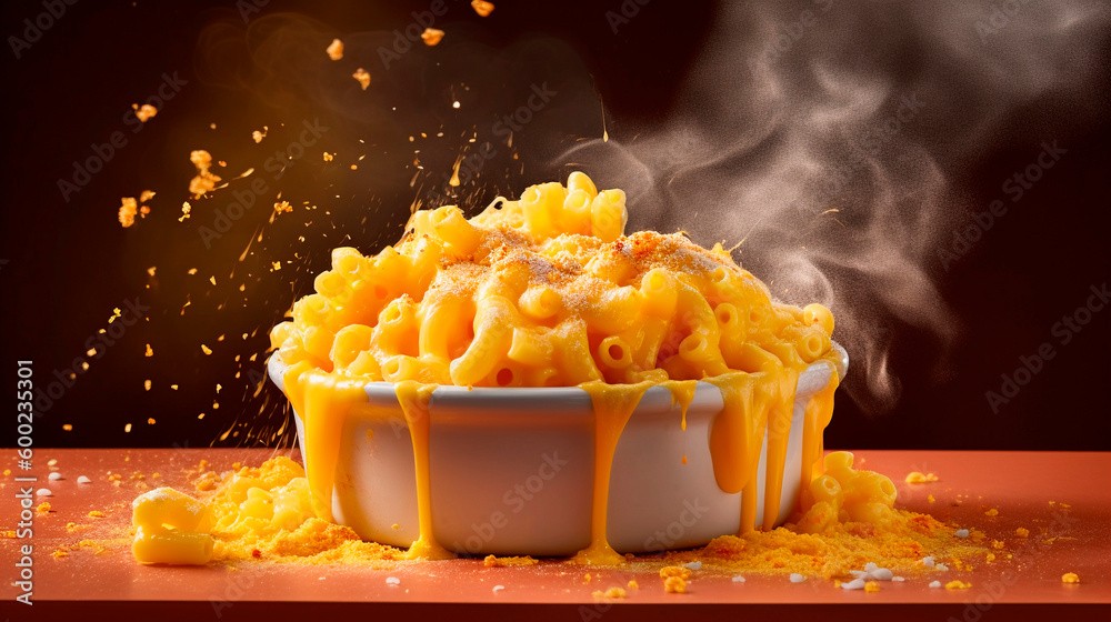 A steaming, golden-orange bowl of extra-creamy macaroni and cheese, topped with fresh chives, a slight blur in the background to emphasize depth of field, warm lighting.