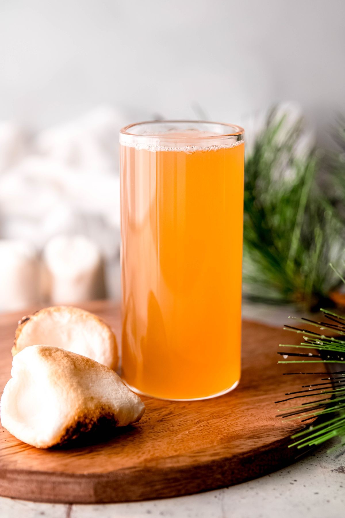 lemonade drink with toasted marshmallows on a wooden table
