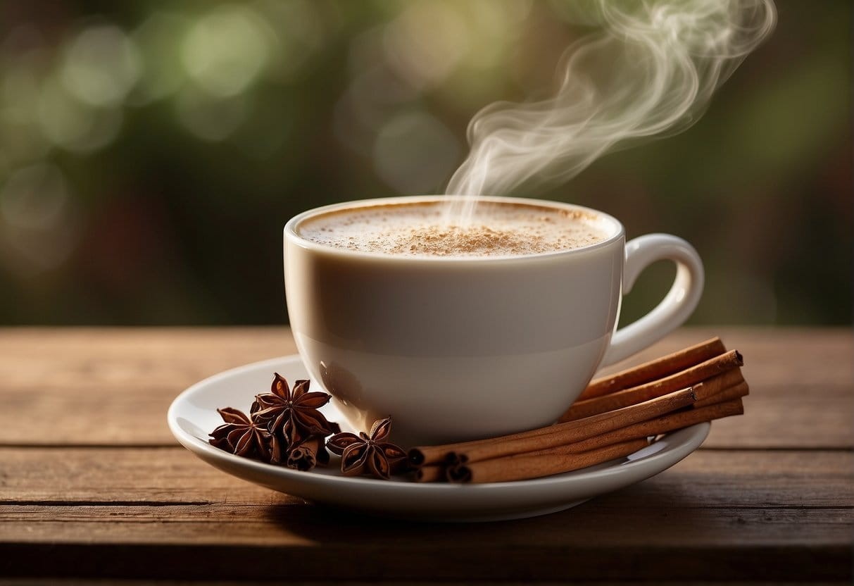 steaming mug of Russian Caravan Chai Latte with spices